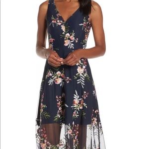 Navy Blue Floral Embroidered Mesh Midi Dress
